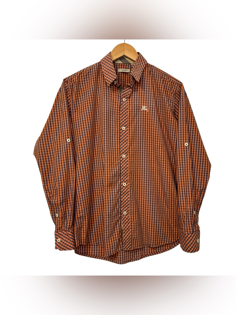 Burberry Brit Men Gingham Check Long Sleeve Button Up Shirt Sz Small Orange Blue